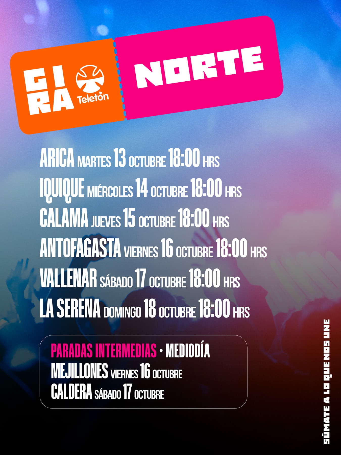 Calendario de la Gira Teletón 2026 zona norte: Arica 13, Iquique 14, Calama 15, Antofagasta 16, Vallenar 17 y La Serena 18 de octubre a las 18:00 hrs, con paradas intermedias en Mejillones y Caldera