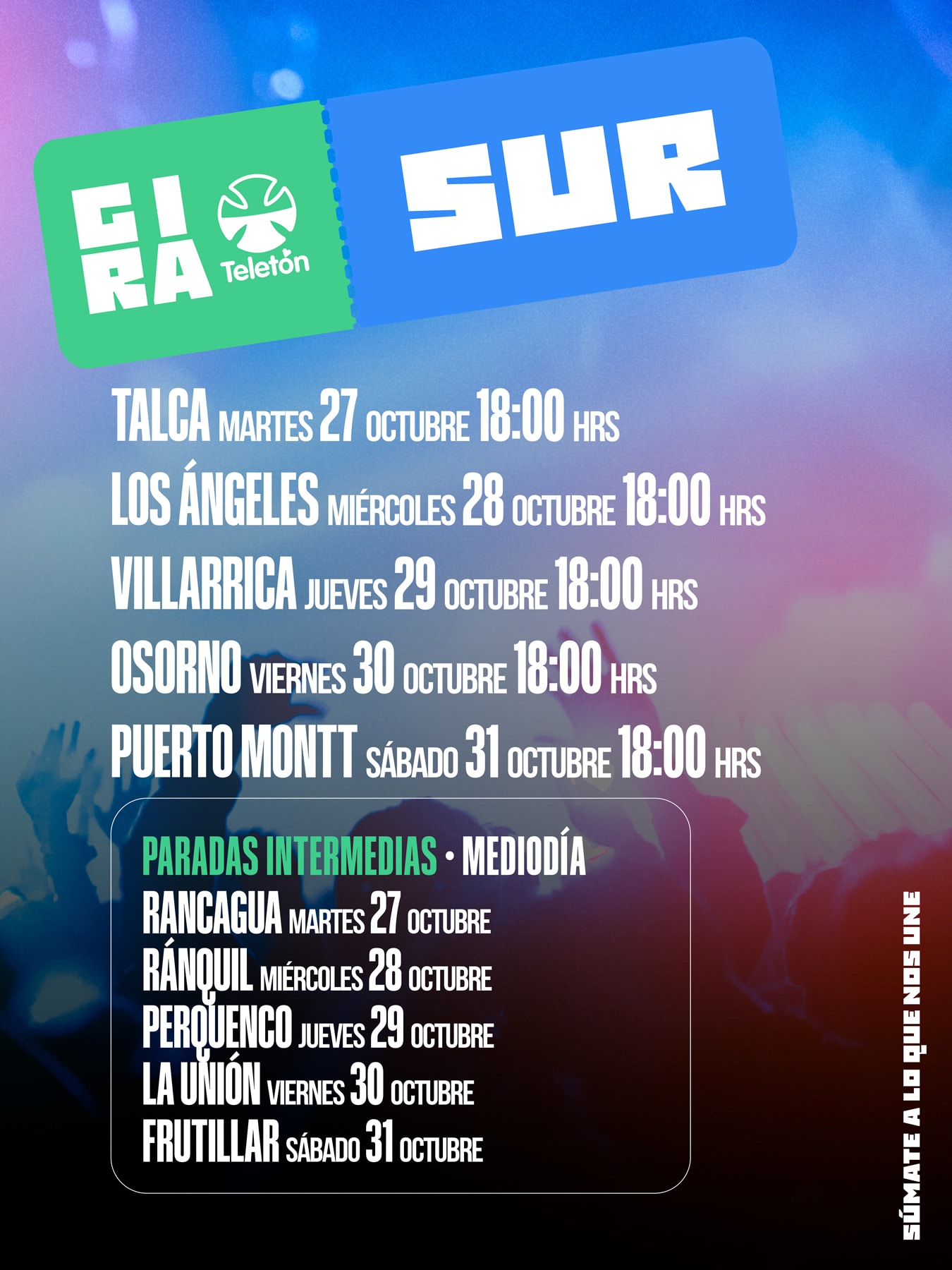 Calendario de la Gira Teletón 2026 zona sur: Talca 27, Los Ángeles 28, Villarrica 29, Osorno 30 y Puerto Montt 31 de octubre a las 18:00 hrs, con paradas intermedias en Rancagua, Ránquil, Perquenco, La Unión y Frutillar